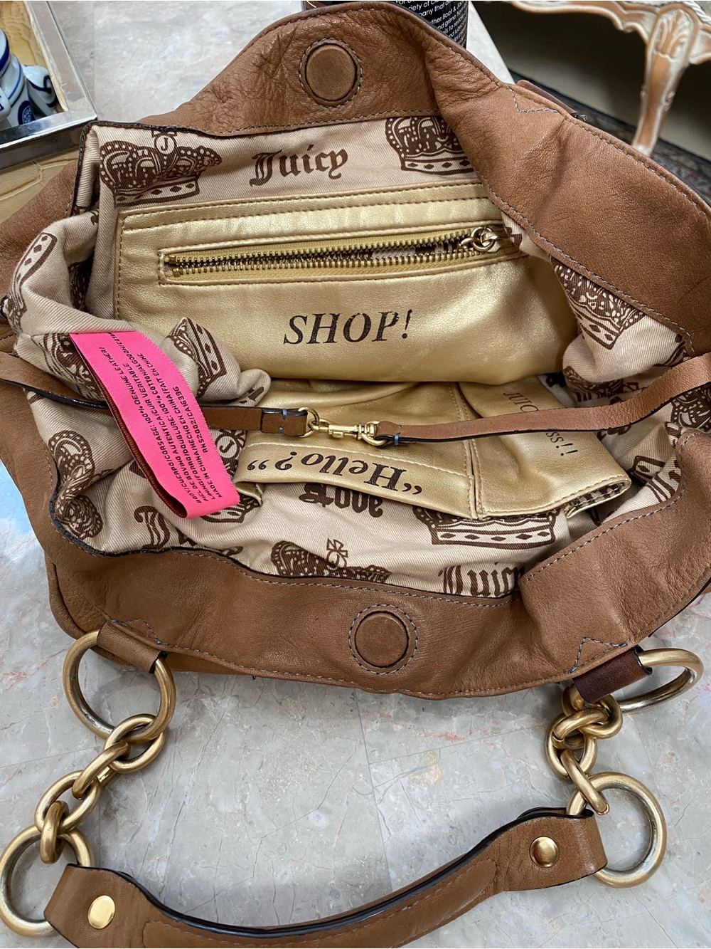 Juicy Couture Brown Leather Shoulder Bag with Pom-Pom Charm - Picture 6 of 8